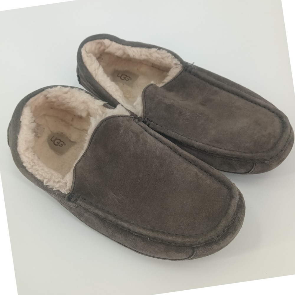 UGG Ascot Mens Charcoal Grey Suede Sheepskin Lined Moccasin Slippers Loafers 12
